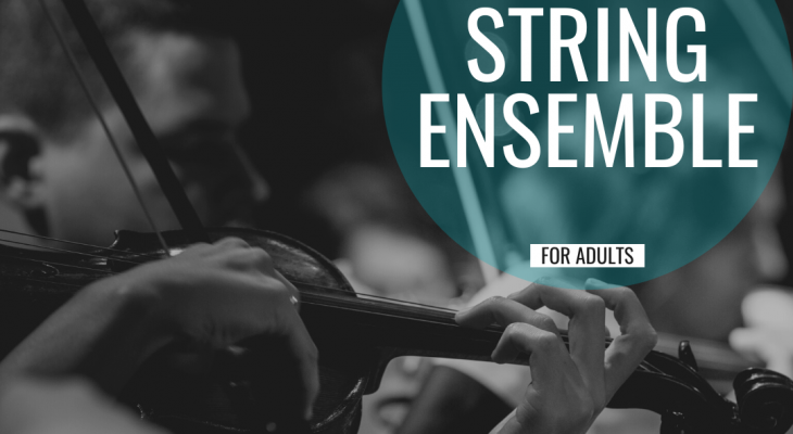 a photo of a person playing violin with the words "music at the j: string ensemble for adults" written in a teal circle overtop