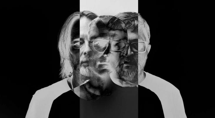 A composite black-and-white portrait of Thom Yorke, Mark Pritchard and Jonathan Zawada.