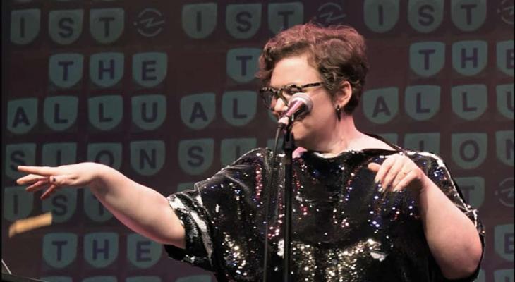 Helen Zaltzman onstage.