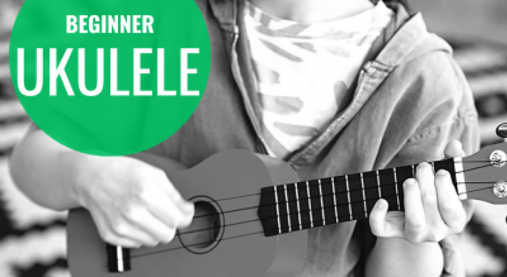 a photo of someone playing ukelele with the words "beginner ukelele" written in a green circle beside them