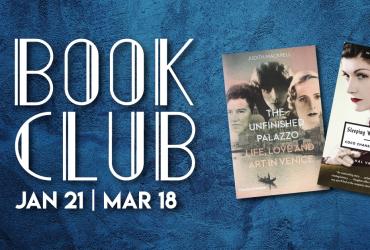 Blue background with two book covers and text Book Club Jan 21, Mar 18