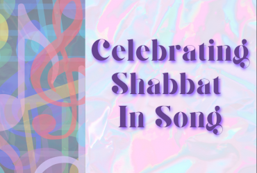 a pastel background of music notes with big purple block letters "celebrating shabbat in song"