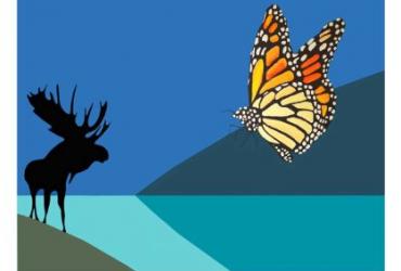 Artwork from Charles Pachter, a shade of moose and colourful butterfly on graphic background 