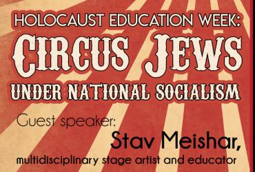 Red and white striped background with photo of a woman in a red bodysuit and sparkly fringed cape. With text Holocaust Education Circus Jews Under National Socialism. Guest speaker: Stav Meishar