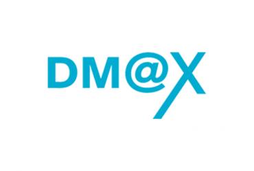 White background with "DM@X" text in blue 