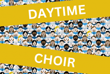 a graphic of many cartoon faces with open mouths singing with a yellow bar over top that says "daytime choir"