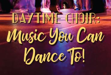 Florescent dance floor with text: daytime choir, music you can dance to