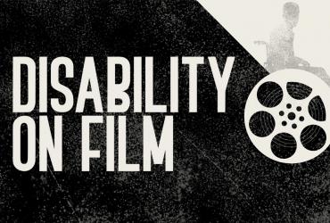 Disability on Film in white on a grainy background of black, grey, and orange. Silhouettes of a film camera and a person in a wheelchair in the background. The wheel of the wheelchair looks like a film reel