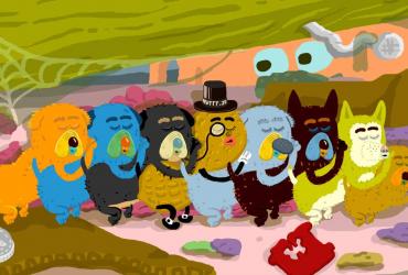 a group of animated dogs and Mr. Peanut