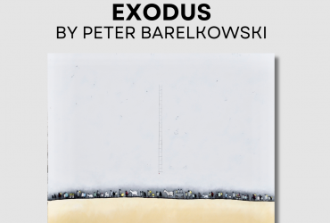 a photo of a piece from the exhibit, along with the words "exodus: by peter barelkowsi" written overtop