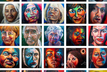 A collage of faces featuring notable women in the world, with text: Amanta Scott Eyeing Medusa.