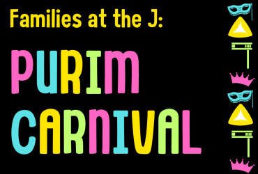a black background with colourful purim images with the words "families at the j: purim carnival" written beside it