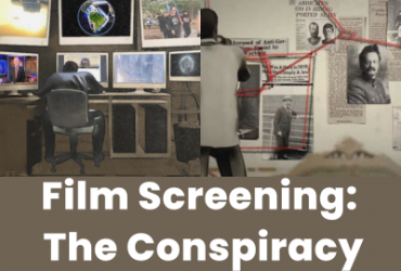 the words " Film Screening: The Conspiracy" written at the bottom of the image, with images from the film above the title