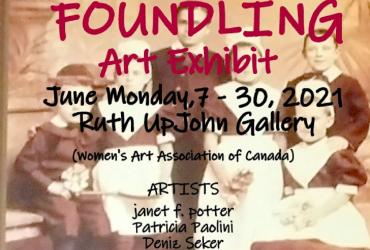 Foundling Art Exhibit poster-portrait of five people sitting