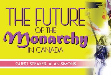 yellow background with a woman wearing a crown and text: the future of the monarchy in Canada, guest speaker: Alan Simons