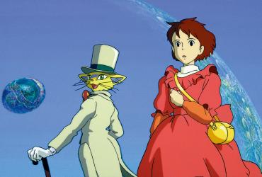 A cartoon of a girl in a red dress and a cat in top hat and tails against the backdrop of a huge moon.