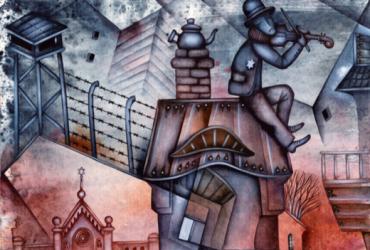 painting of a man playing the fiddle on a roof