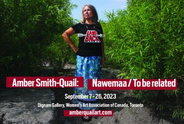 Image of a women with graphic text: Amber Smith-Quail: Nawemaa / To be related, with dates and location, as well as the artist's website