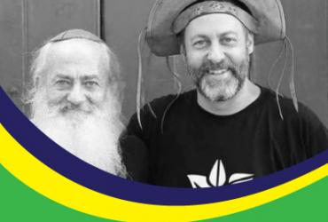 Two smiling men with a blue, yellow and green border