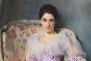 a painting of a woman in a frilly dress sitting on an ornate chair