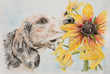 Watercolour painting of a puppy and flower
