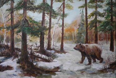 Painting of a bear in the woods during the winter