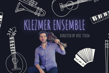 Black background with musical instruments surrounding a man holding a mandolin. With text: Klezmer Ensemble directed by Eric Stein