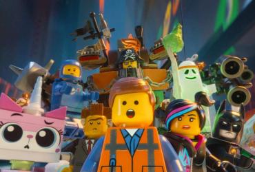 A large group of LEGO characters taken by surprise.