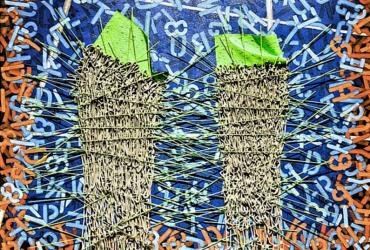 Line Up At Pier 21 (2018) - acrylic paint, acrylic polymer, thread, wood) On Cotton Canvas - 60 Inches x 42 Inches