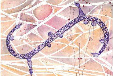 Purple Torah pointer with lilac background filled with crisscrossing white lines 