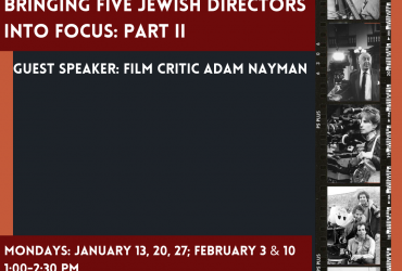a film strip of jewish directors on set with the title, time and date of the program written alongside it