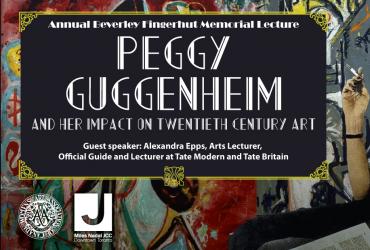 Archival footage of Peggy Guggenheim, a women wearing a blue dress and a necklace, with a cigarette in one hand. With text: Annual Beverly Fingerhut Memorial Lecture: Peggy Guggenheim and her impact on twentieth century art