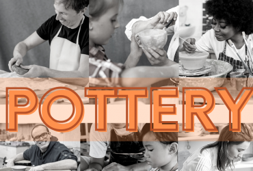 collage of people doing pottery workshops with the words "POTTERY" written overtop in big block letters