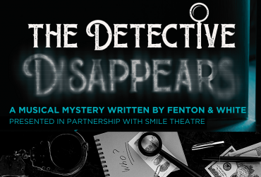 the words "the detective disappears purim comedy show: a musical mystery written by fenton and white, presented in partnership with smile theatre" written around a magnifying glass and some pads of paper