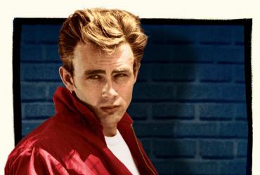 Iconic image of James Dean in a white T-shirt and red windbreaker.