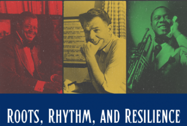 Two Black musicians and one Jewish musician in a collage, with red, yellow and green colour washes over the images.