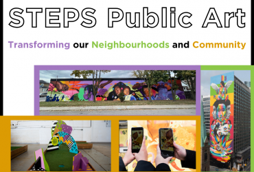 a collage of photos of public art in the city with the words "STEPS Public Art – Transforming our Neighbourhoods and Community" written overtop