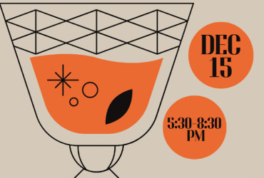 Graphic image of cocktail glass, with orange liquid inside. Three orange circles around it, with text '$35,' 'Dec 25,' '5:30-8:30pm.'
