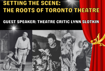 old-school images from theatre with the title and date written around the images, along with a curtain pulled back to the side of the graphic
