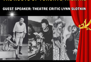 a red theatre curtain pulled back over a collage of black and white theatre images with the title of the program written above the images