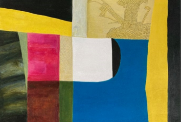Abstract painting with yellow, black, blue, red, brown and green. With text: Cycles in time creative shmita explorations April 1-30, 2022
