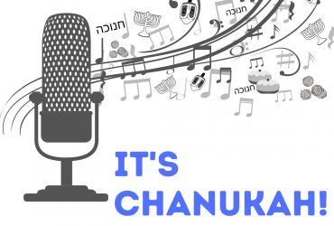 a microphone with music notes and dreidels coming out of it with the words "sing along it's chanukah!" written all around it in blue font