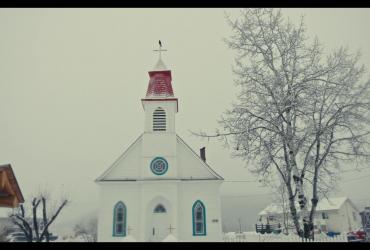 A small rural church in wintertime.