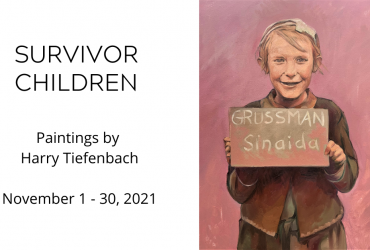 Painting of a child holding up a sign on the right, with text on a white background on the left: Survivor children, paintings by Harry Tiefenbach. Nov 1- 30.