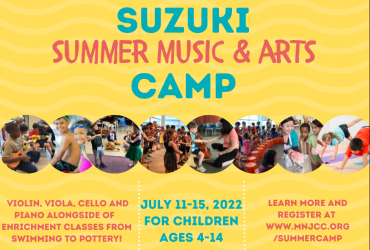 Bright yellow background with wavy lines and text: Suzuki Summer Music & Arts Camp. Below is a line of bubbles. Each bubble has an image of kids doing various activities at camp.