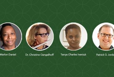 Headshots of four guest panelists: Marlon Daniel, Dr. Christine Gangelhoff, Tanya Charles Iveniuk, and Patrick G. Jordan appear in small circles on a green background