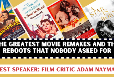 Four movie posters on a yellow background, with text: the greatest movie remakes and the reboots that nobody asked for