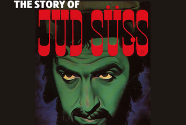 Black background with a man with green skin and yellow eyes. With text: the Story of Jud Suss