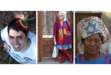 Three images put into a collage: A close up of a man with brown hair looking up, an older women wearing colourful clothes standing in front of a door and another woman wearing a hat with the Star of David on it.