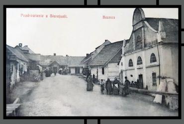 The Shtetl: the real, the fictitious and the nostalgic with guest speaker Joseph Gilbert. A black white picture of a street with shtetls. 